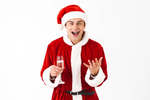 Portrait Young Man 30S Santa Claus Costume Red Hat Holding — Stock Photo, Image