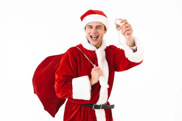 Portrait Attractive Man 30S Santa Claus Costume Red Hat Holding — Stock Photo, Image