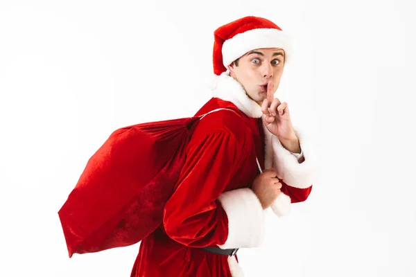 Retrato Hombre Joven Años Traje Santa Claus Sombrero Rojo Caminando —  Fotos de Stock