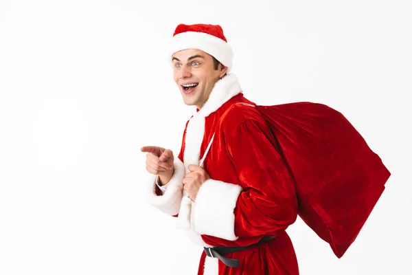 Portret Van Vrolijke Man 30S Santa Claus Kostuum Rode Hoed — Stockfoto
