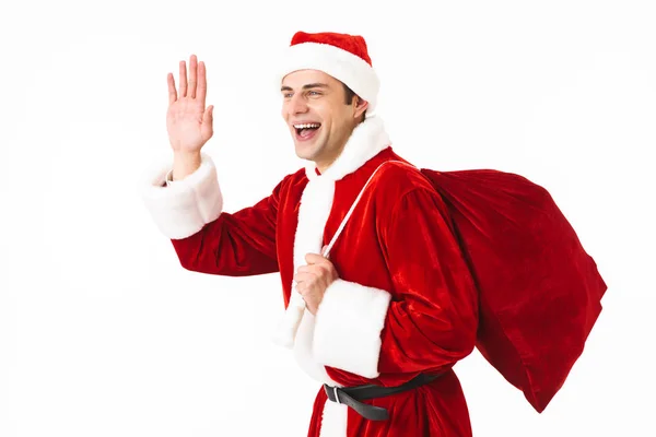 Retrato Hombre Caucásico Años Traje Santa Claus Sombrero Rojo Caminando — Foto de Stock