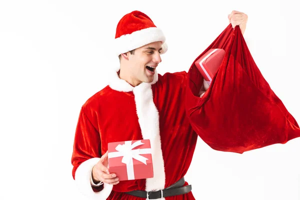 Retrato Homem Generoso Anos Traje Papai Noel Chapéu Vermelho Segurando — Fotografia de Stock