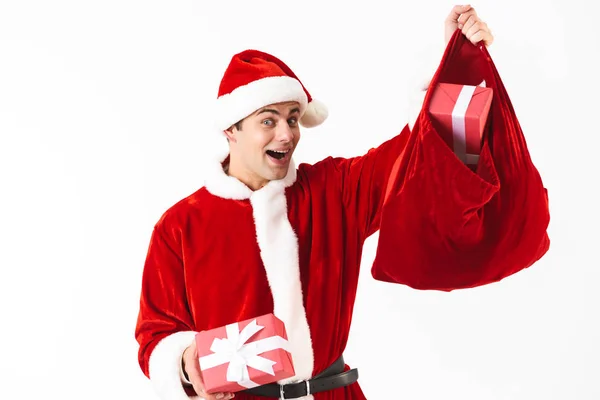 Retrato Hombre Caucásico Años Disfrazado Santa Claus Sombrero Rojo Sosteniendo —  Fotos de Stock