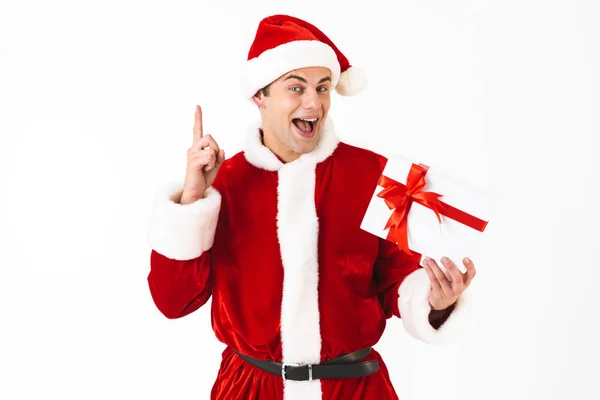Portrait Optimistic Man 30S Santa Claus Costume Red Hat Holding — Stock Photo, Image
