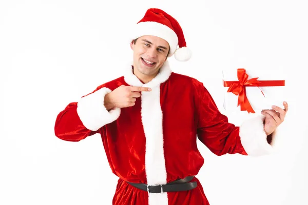 Portrait Caucasian Man 30S Santa Claus Costume Red Hat Holding — Stock Photo, Image