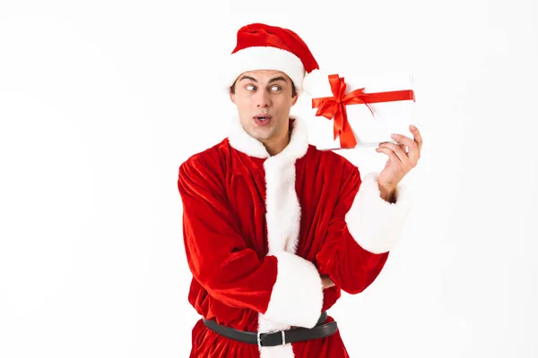 Portrait Emotional Man 30S Santa Claus Costume Red Hat Holding — Stock Photo, Image