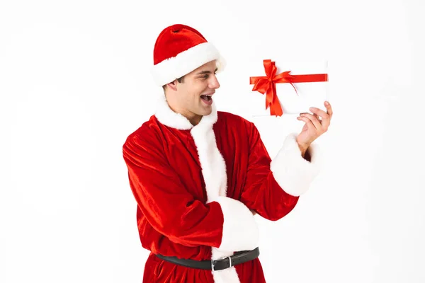 Podobizna Muže Radostné 30S Santa Claus Kostým Red Hat Drží — Stock fotografie