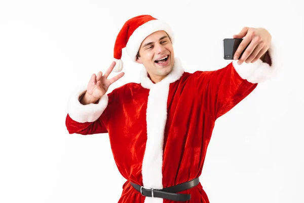 Immagine Uomo Gioioso Anni Costume Babbo Natale Con Smartphone Scattare — Foto Stock