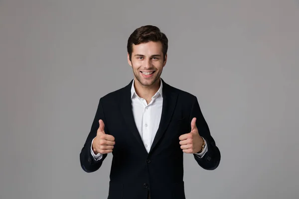 Image Attractive Businessman 30S Formal Suit Showing Thumbs Camera Happy — Stock Photo, Image