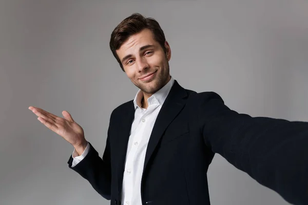 Image Successful Man 30S Business Suit Gesturing Hand Aside While — Stock Photo, Image