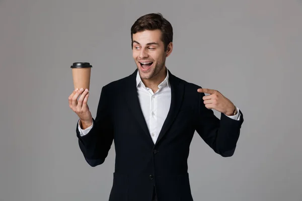 Image Caucasian Businessman 30S Suit Smiling Holding Paper Cup Coffee — Stock Photo, Image