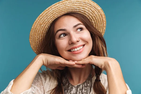 Imagem Uma Mulher Bonita Feliz Posando Isolado Sobre Fundo Parede — Fotografia de Stock