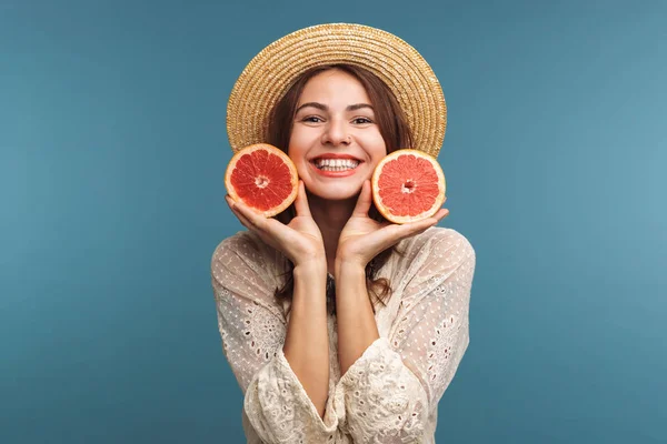 Imagem Uma Mulher Bonita Feliz Posando Isolado Sobre Fundo Parede — Fotografia de Stock