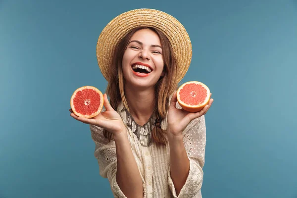 Image Happy Pretty Woman Posing Isolated Blue Wall Background Orange — Stock Photo, Image