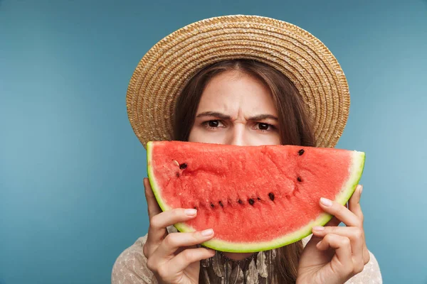 Image Displeased Pretty Woman Posing Isolated Blue Wall Background Watermelon — Stock Photo, Image