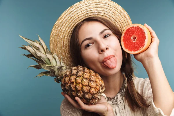 Image Cute Pretty Woman Posing Isolated Blue Wall Background Pineapple — Stock Photo, Image