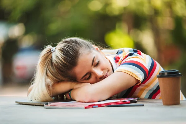 Image Tired Young Girl Student Sitting Park Sleeping Copybooks — Stock Photo, Image