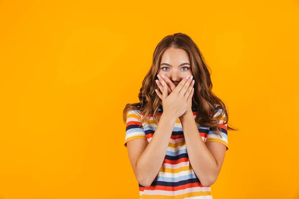 Portrait Shocked Young Girl Isolated Yellow Background Cover Face Palms — Stock Photo, Image