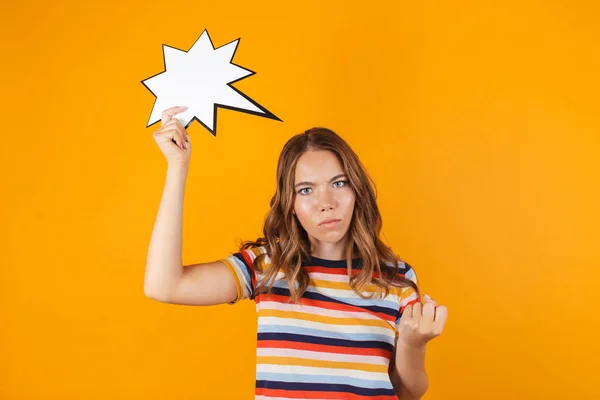 Afbeelding Van Triest Ontstemd Jong Mooi Meisje Poseren Geïsoleerd Gele — Stockfoto