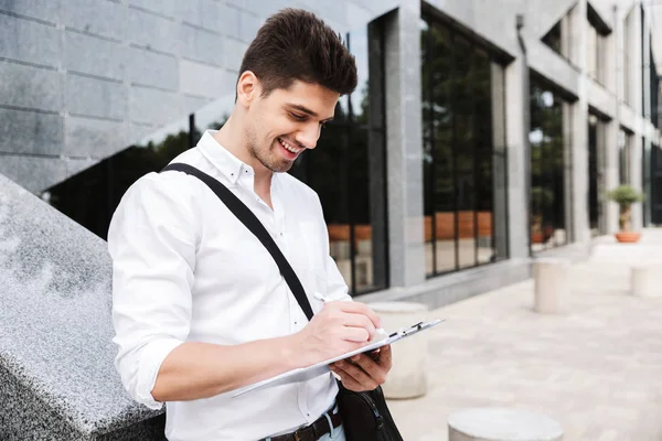 Confident Successful Young Businessman Dressed White Shirt Working Outdoors Holding — Stock Photo, Image