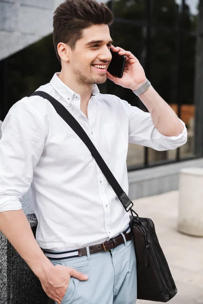 Smiling Successful Young Businessman Dressed White Shirt Walking Outdoors Talking — Stock Photo, Image