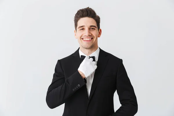 Retrato Jovem Garçom Bonito Usando Smoking Luvas Isolado Sobre Fundo — Fotografia de Stock