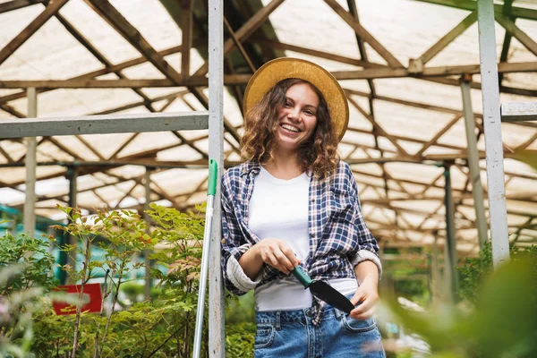 Portrait Young Happy Cheerful Florist Woman 20S Posing Working Greenhouse — Stock Photo, Image