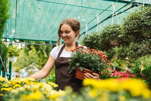 Retrato Joven Feliz Florista Alegre Mujer Años Posando Trabajando Invernadero — Foto de Stock
