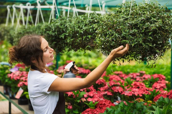 若い花屋女性 代の肖像画ポーズと温室での植物の上の作業 — ストック写真