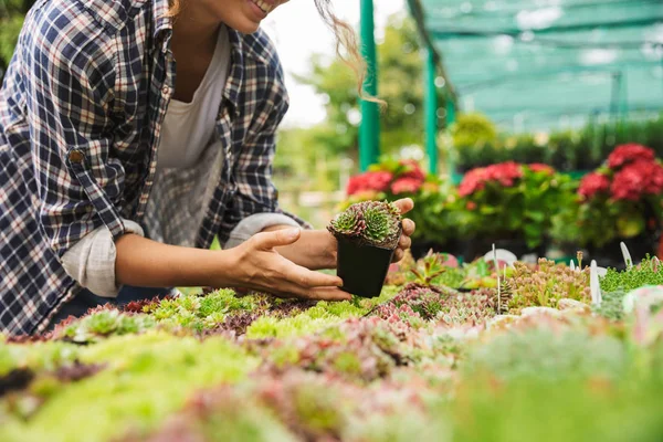 温室の花を扱う女性庭師の写真をトリミング — ストック写真