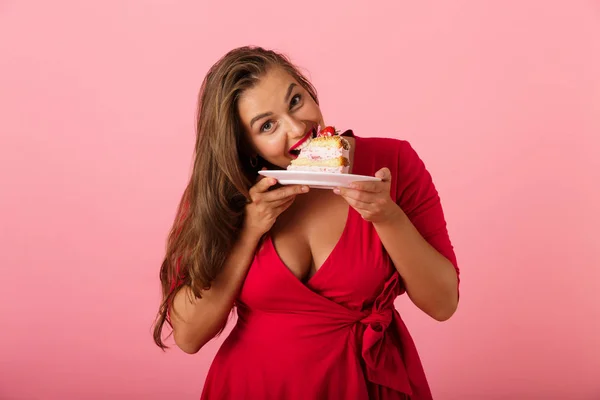 Imagen Una Joven Feliz Aislada Sobre Fondo Pared Rosa Sosteniendo —  Fotos de Stock