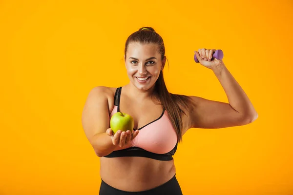 Portrait European Chubby Woman Sportive Bra Holding Apple Lifting Dumbbell — Stock Photo, Image
