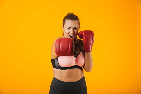 Retrato Una Gran Deportista Fuerte Sujetador Deportivo Con Guantes Boxeo — Foto de Stock