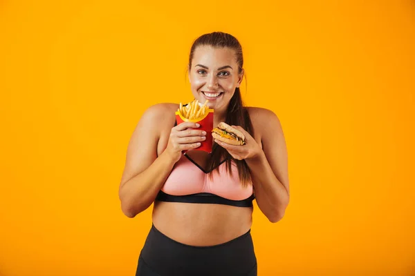 Portret Van Een Vrouw Van Vrolijke Overgewicht Fitness Het Dragen — Stockfoto