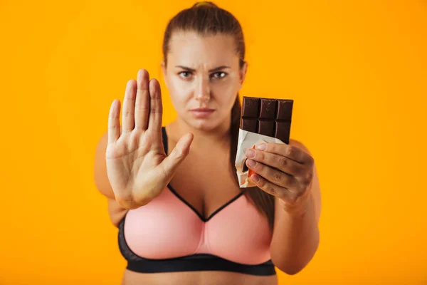 Imagen Una Mujer Fuerte Con Sobrepeso Chándal Haciendo Gesto Stop — Foto de Stock