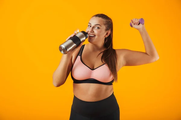 Portrait Young Chubby Woman Sportive Bra Drinking Water Thermos While — Stock Photo, Image