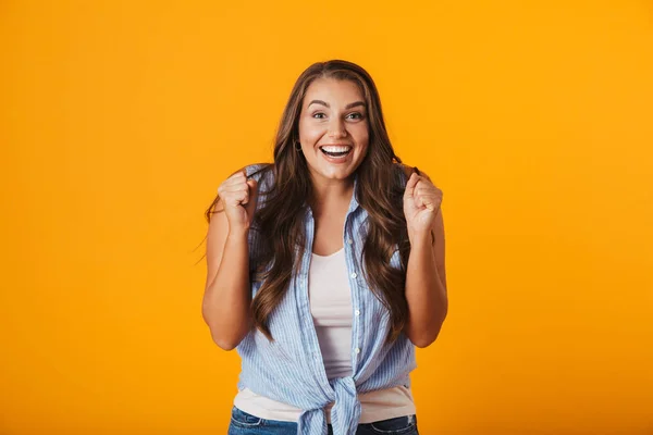 Image Excited Young Woman Posing Isolated Yellow Wall Background — Stock Photo, Image