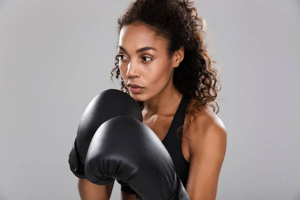 Beautiful African Sportswoman Isolated Gray Background Doing Exercises Boxing Gloves — Stock Photo, Image