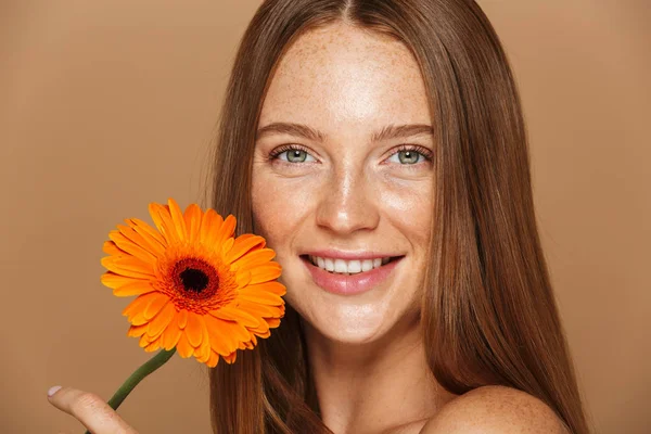 Beauty Portrait Beautiful Healthy Young Topless Woman Long Red Hair — Stock Photo, Image