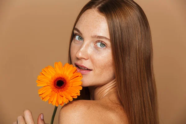 Güzel Sağlıklı Genç Bir Üstsüz Kadın Portakal Herbera Çiçek Gösterilen — Stok fotoğraf