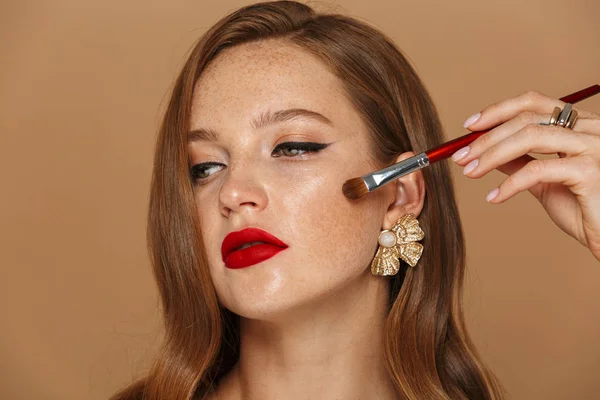 Close Beautiful Young Topless Woman Wearing Makeup Jewelry Accessories Posing — Stock Photo, Image