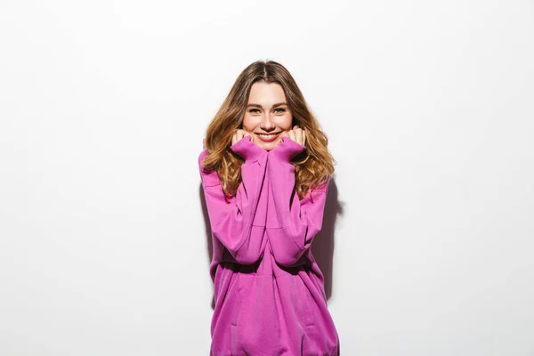 Image Adorable Woman 20S Wearing Sweatshirt Smiling Isolated White Background — Stock Photo, Image