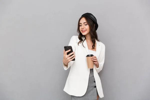 Portrait Beautiful Young Woman Dressed Jacket Gray Background Holding Cup — Stock Photo, Image