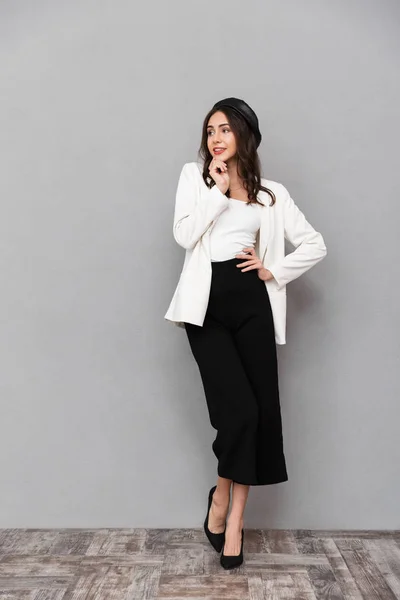 Full Length Portrait Smiling Young Woman Dressed Jacket Pants Standing — Stock Photo, Image