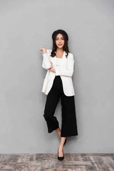 Full Length Portrait Pretty Young Woman Dressed Jacket Pants Standing — Stock Photo, Image