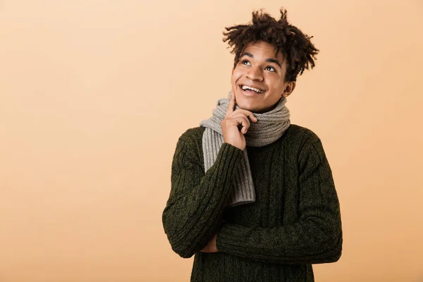 Portrait Joyful African American Man Wearing Sweater Looking Upward Isolated — Stock Photo, Image