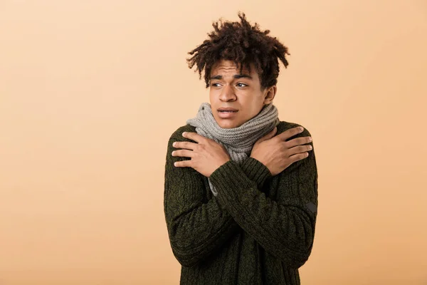 Portrait Frowning African American Guy Wearing Sweater Scarf Trembling Due — Stock Photo, Image