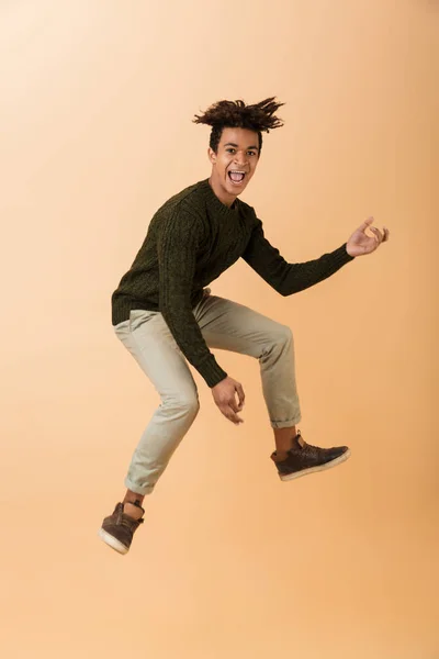 Full Length Photo Joyous African American Guy Wearing Sweater Laughing — Stock Photo, Image