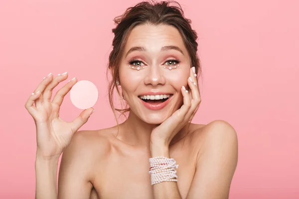 Foto Una Hermosa Mujer Joven Feliz Conmocionada Posando Aislada Sobre — Foto de Stock