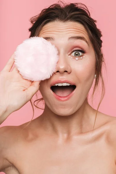 Beauty Portrait Attractive Young Topless Woman Using Powder Puff Isolated — Stock Photo, Image
